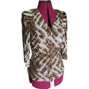Kenneth Cole New York 3/4 Sleeve White & Brown Abstract Ruched V-Neck Top sz L